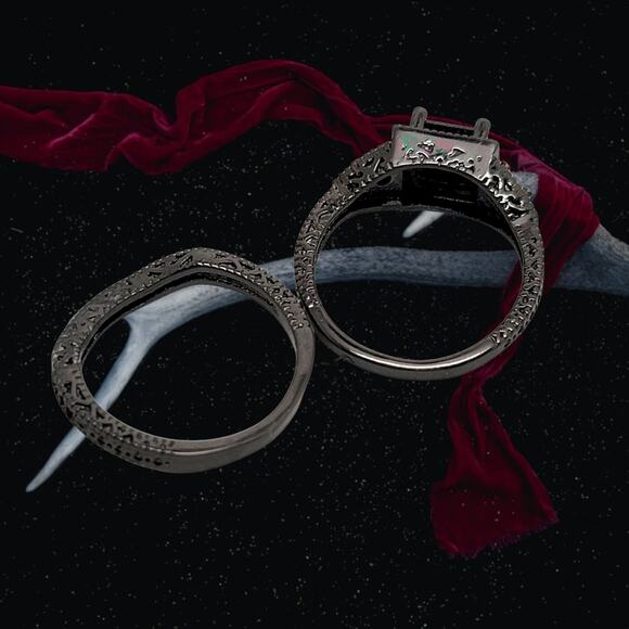 Goth Black Crystal Black Rhodium Wedding Set Size 7 1/2 - Picture 4 of 7